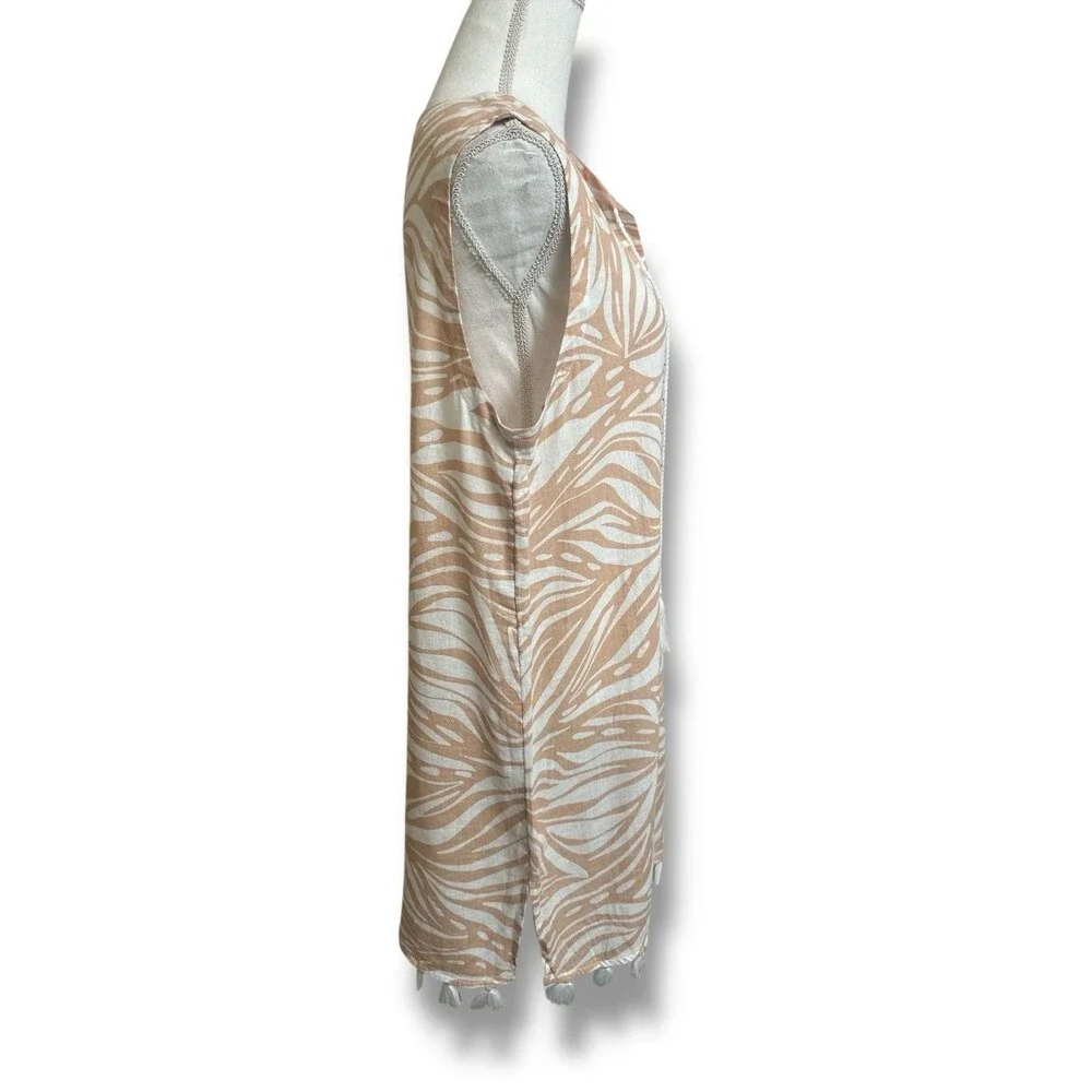 Rachel Zoe Women's L Boho Tan and Cream Zebra Print Linen Cover-Up with Tassels